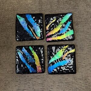 Set of 4 Handmade Cranberry Glass Coasters with Iridescent Dichroic Stripes.